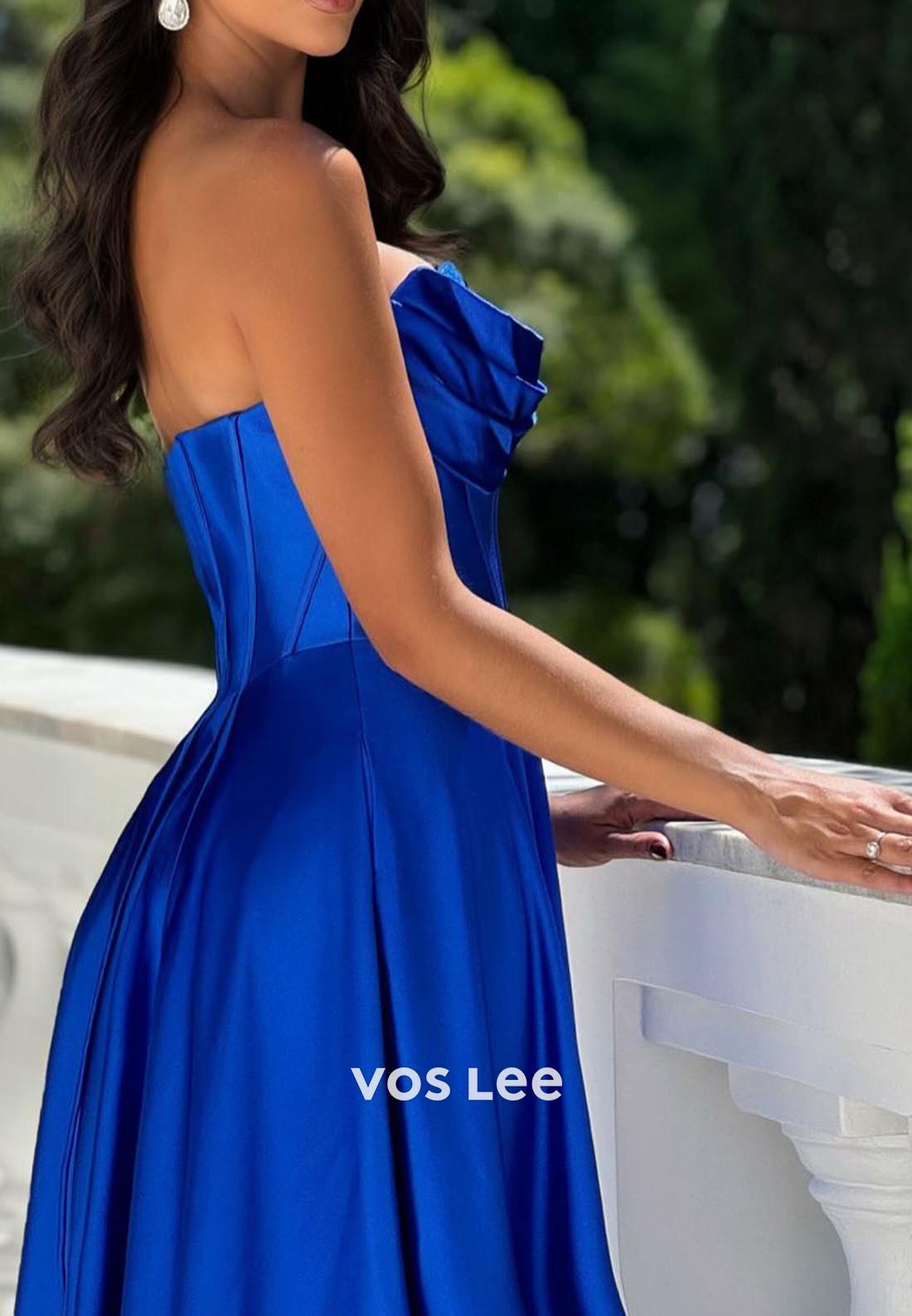 Classic Royal Blue Sweetheart Pleated Evening Prom Dresses with Brush Train