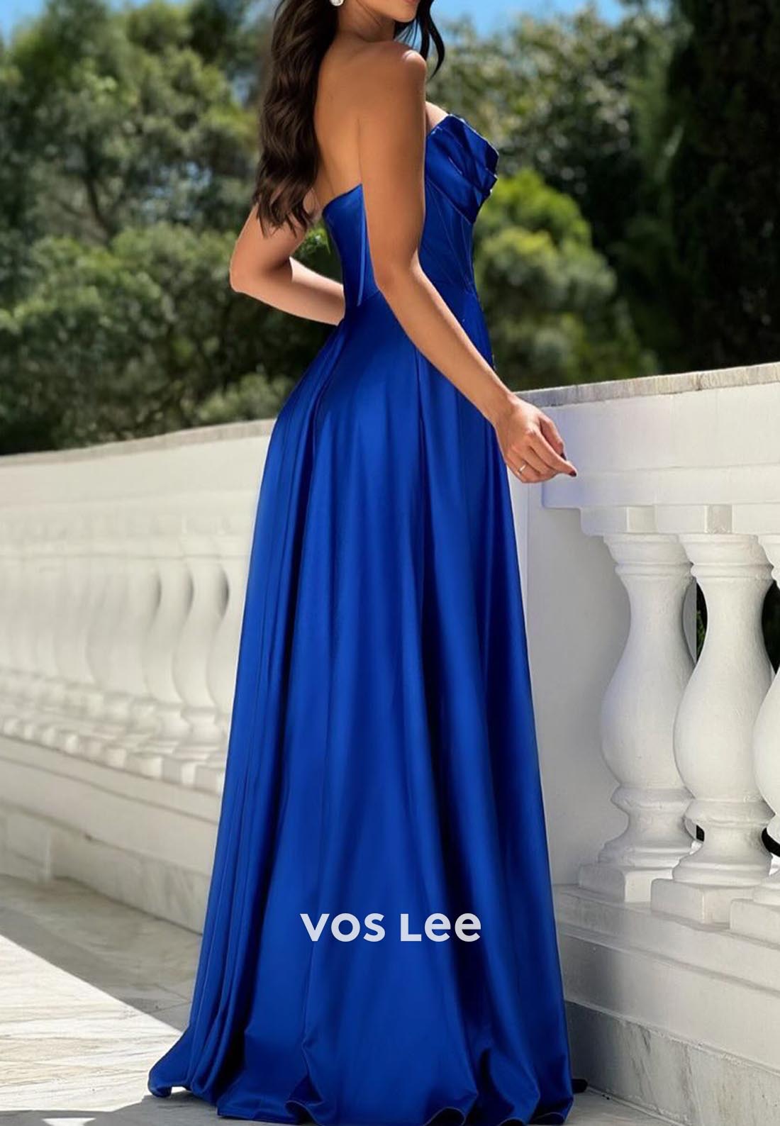 Classic Royal Blue Sweetheart Pleated Evening Prom Dresses with Brush Train