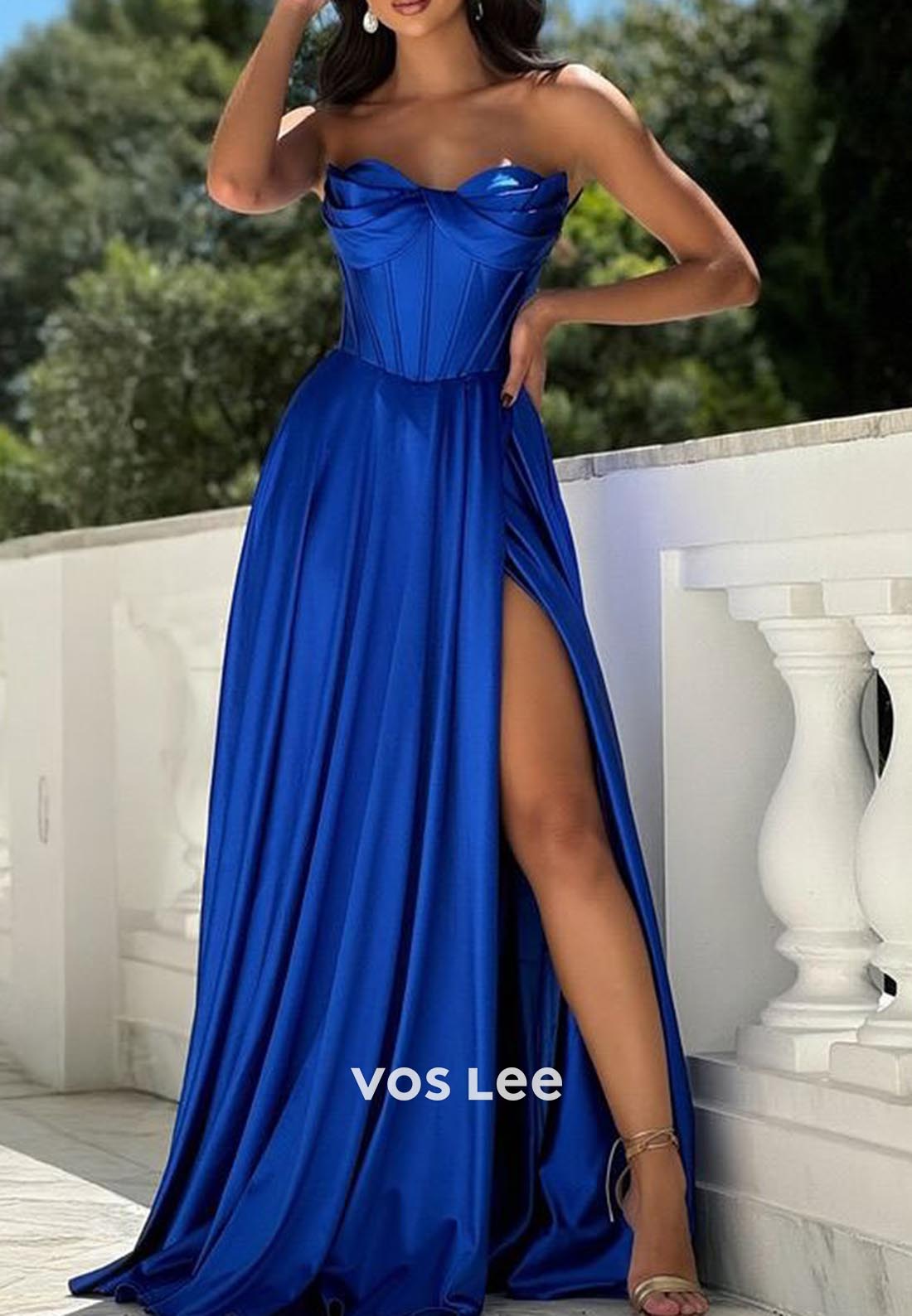 Classic Royal Blue Sweetheart Pleated Evening Prom Dresses with Brush Train