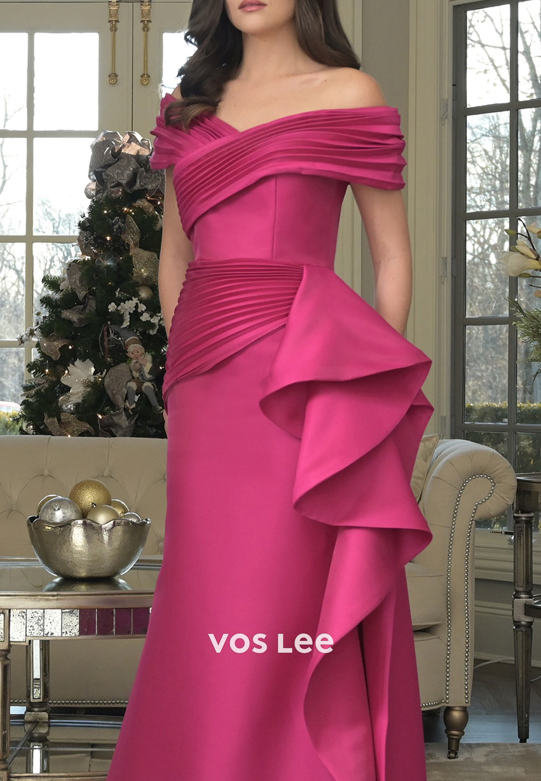 Classic A-Line Off the Shoulder Ruched Split Mother of Bride Dresses with Sweep Train