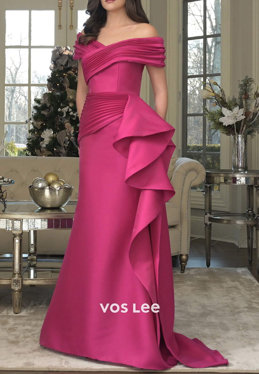 Classic A-Line Off the Shoulder Ruched Split Mother of Bride Dresses with Sweep Train