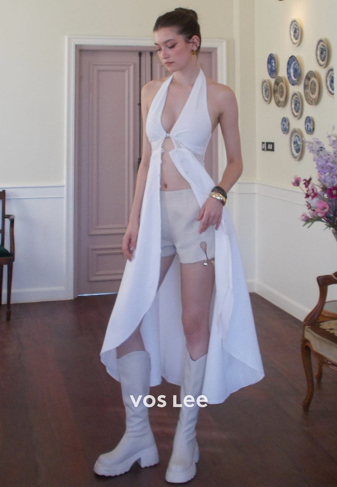 V-Neck Strapless White Halter Midi Dress with Pockets