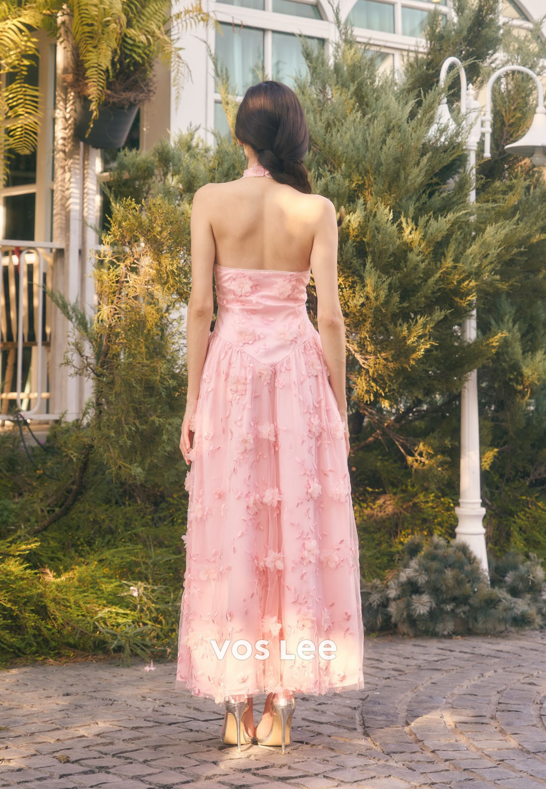 Pink 3D Floral Appliqué Halter Midi Dress Tulle Formal Gown 2026