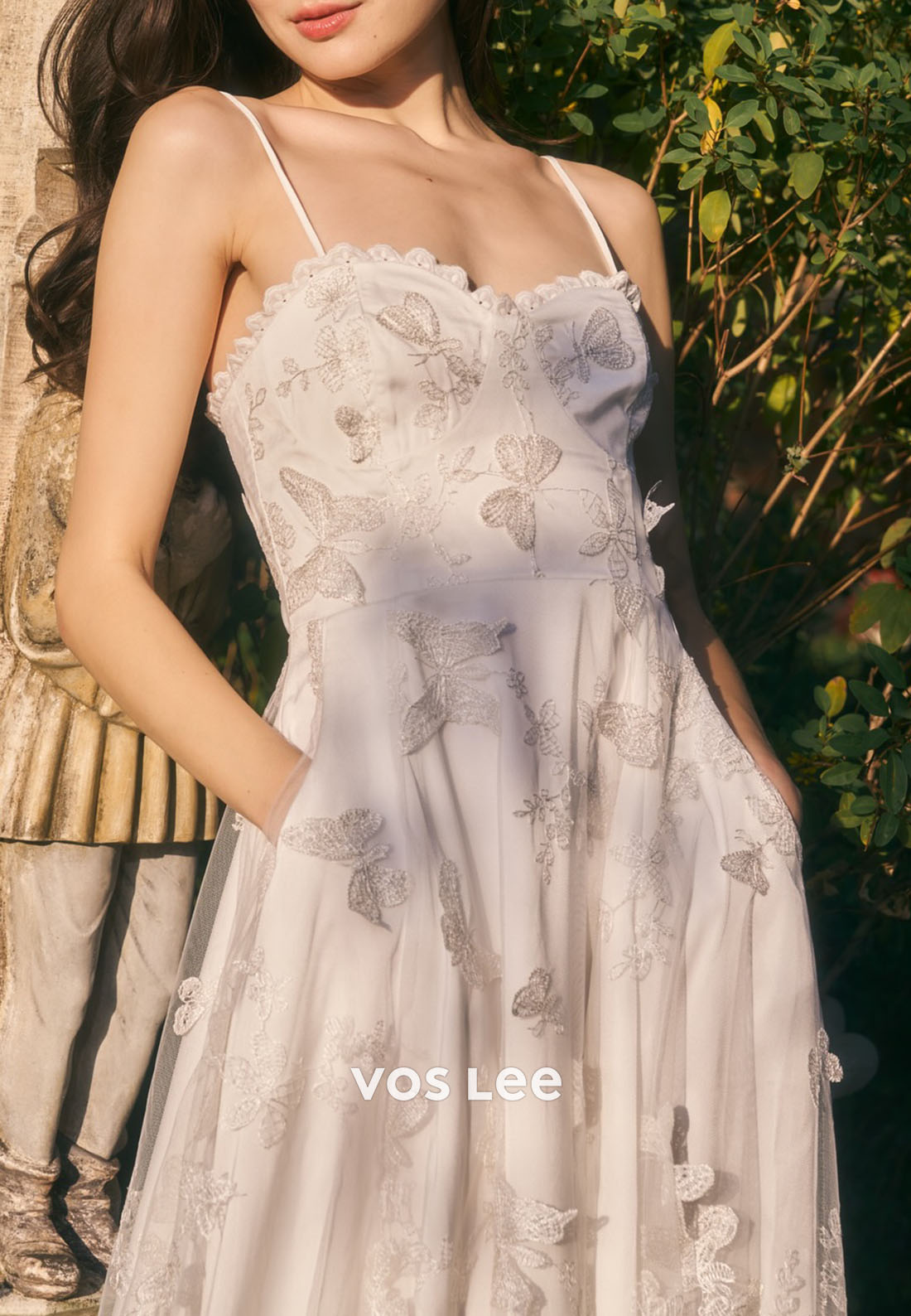 White 3D Butterfly Appliqué Midi Wedding Dress | Spaghetti Strap Bridal Gown