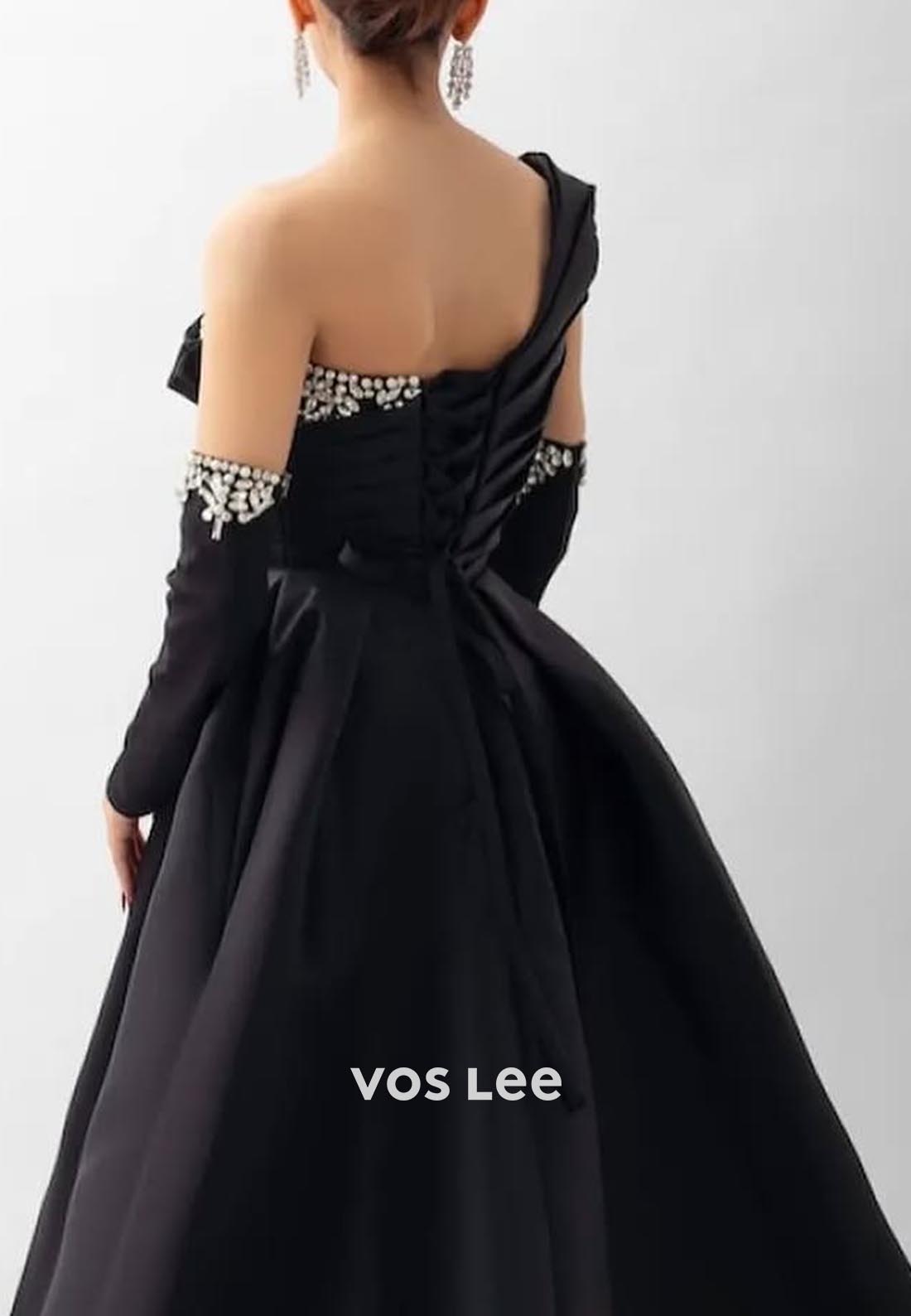 A-Line One Shoulder Rhinestone Long Sleeves Formal Dresses With Train