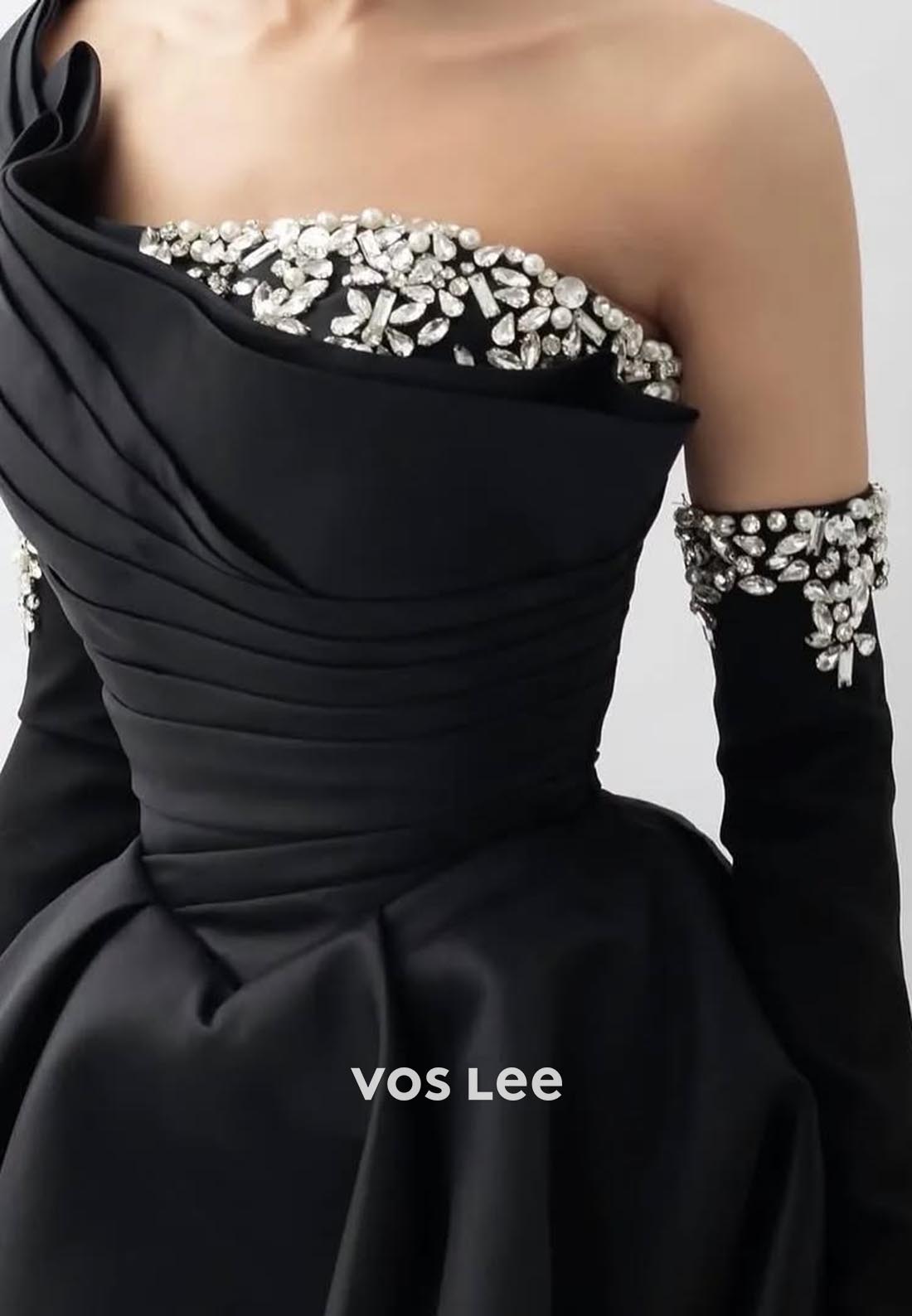 A-Line One Shoulder Rhinestone Long Sleeves Formal Dresses With Train