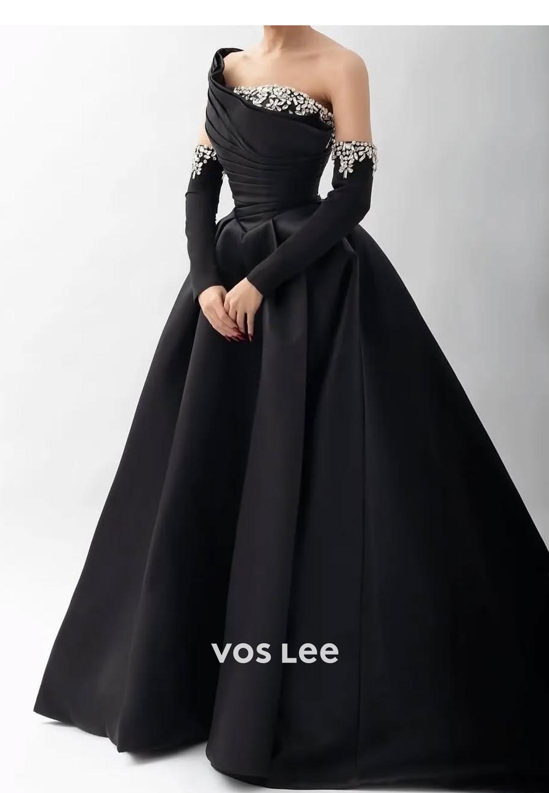 A-Line One Shoulder Rhinestone Long Sleeves Formal Dresses With Train