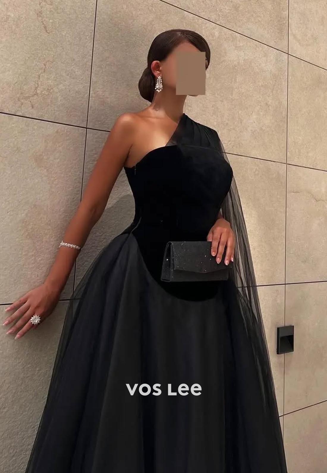 Couture Black A-Line One Shoulder Ruched EveningFormal Dresses