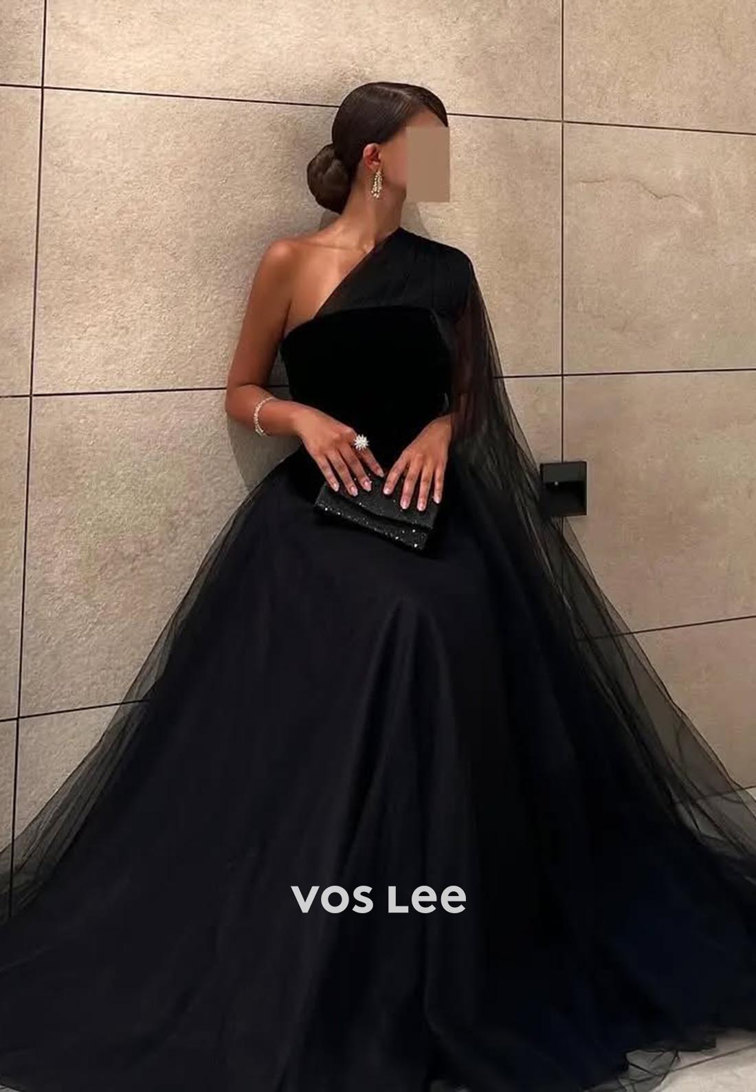Couture Black A-Line One Shoulder Ruched EveningFormal Dresses