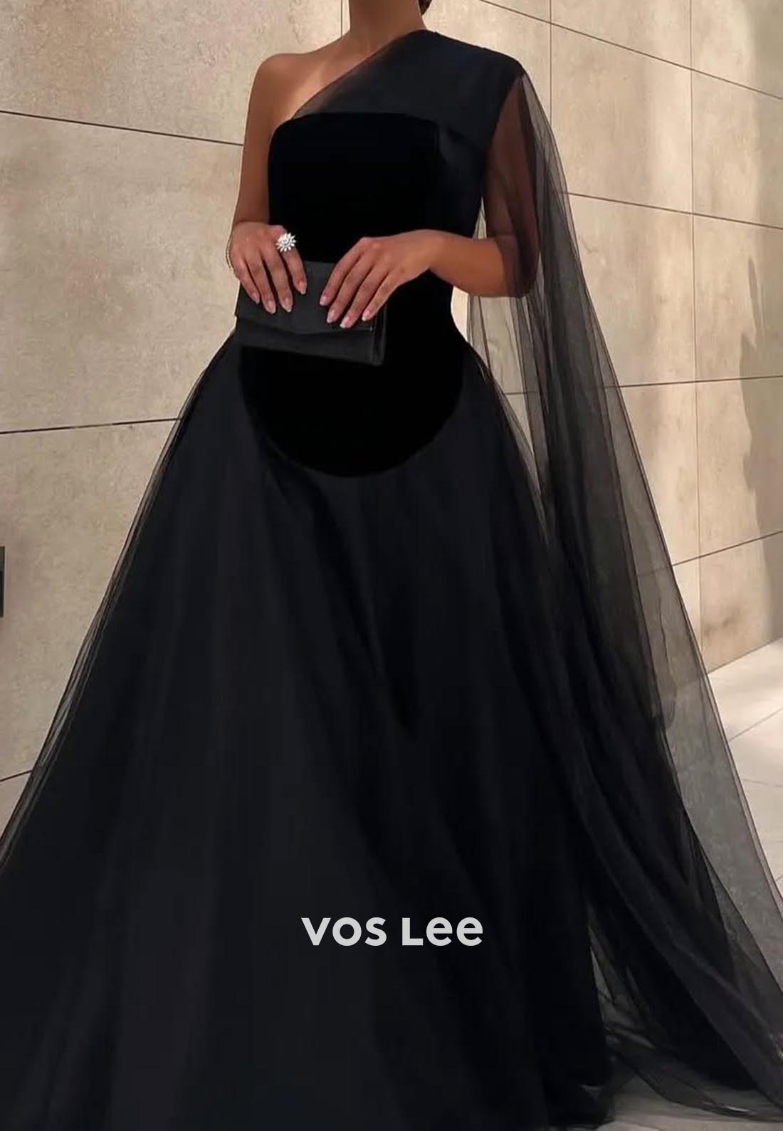 Couture Black A-Line One Shoulder Ruched EveningFormal Dresses