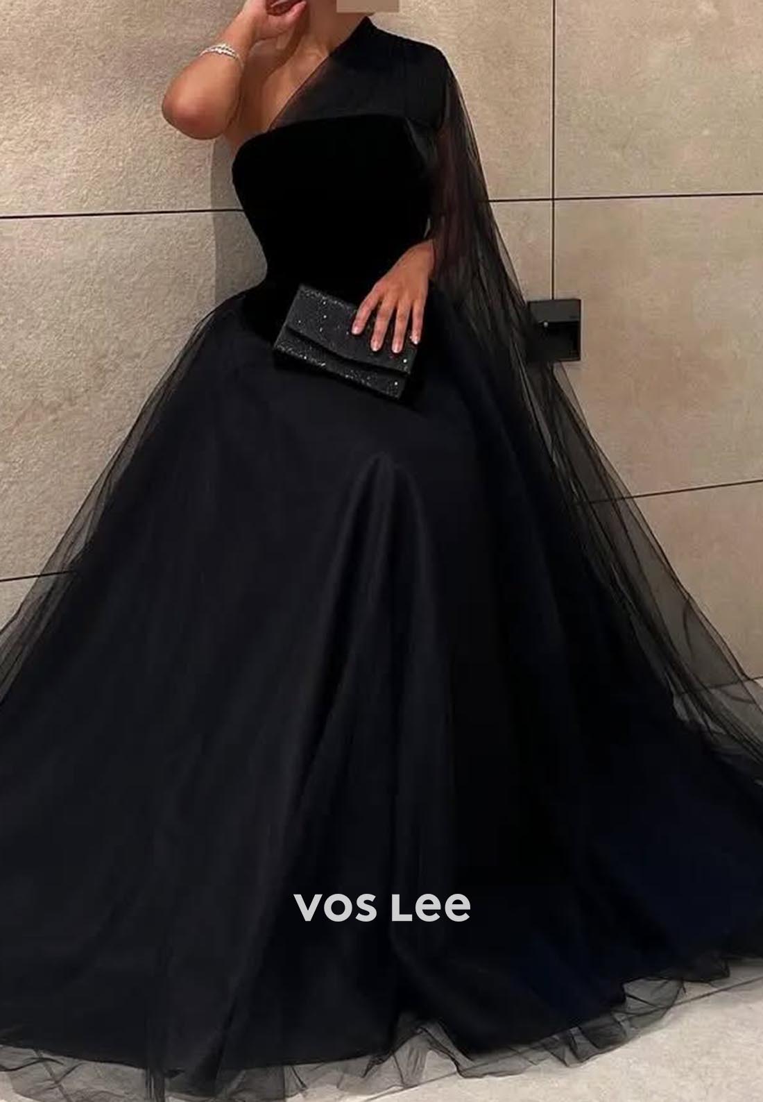 Couture Black A-Line One Shoulder Ruched EveningFormal Dresses
