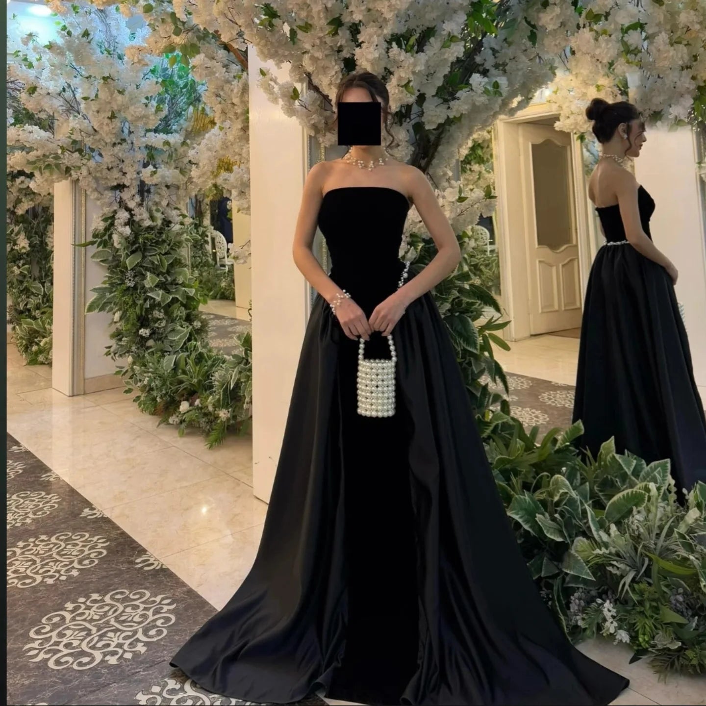 A-Line Pearl Tube Top elegance Black Formal Dresses with Sweep Train