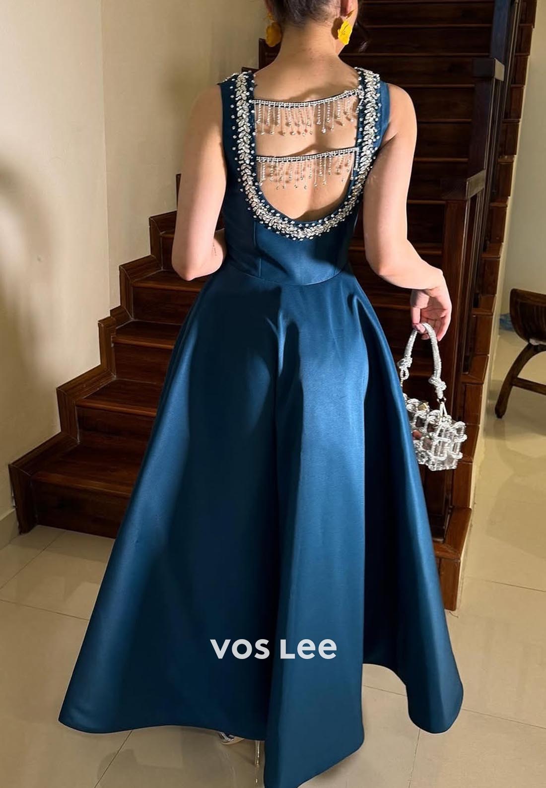 Elegant & Luxurious A-Line Empire Waist Pleated Rhinestone Evening Dress with Split