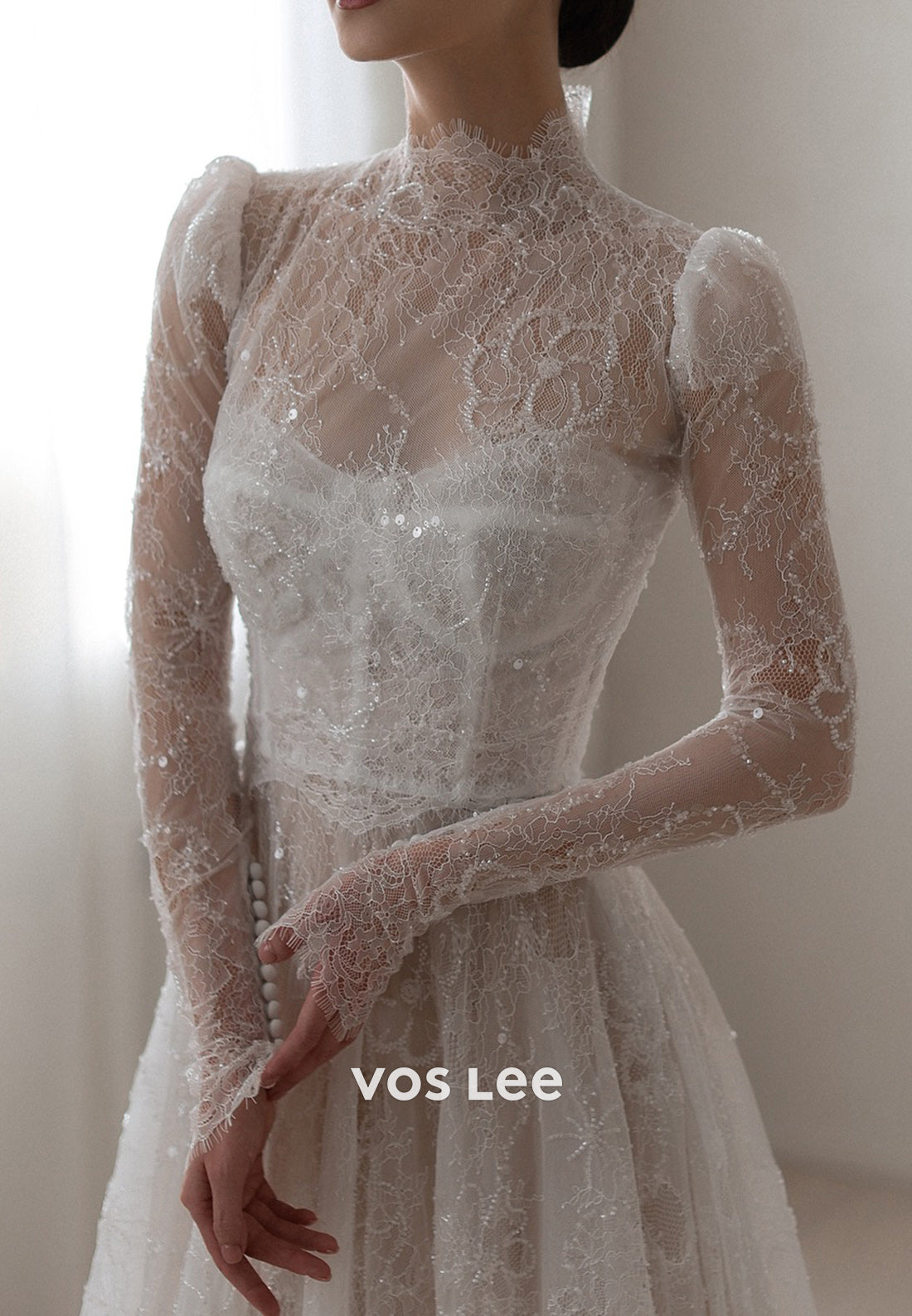 A-Line Appliques Lace Long Sleeve Illusion Neck Wedding Dresses with Court Train