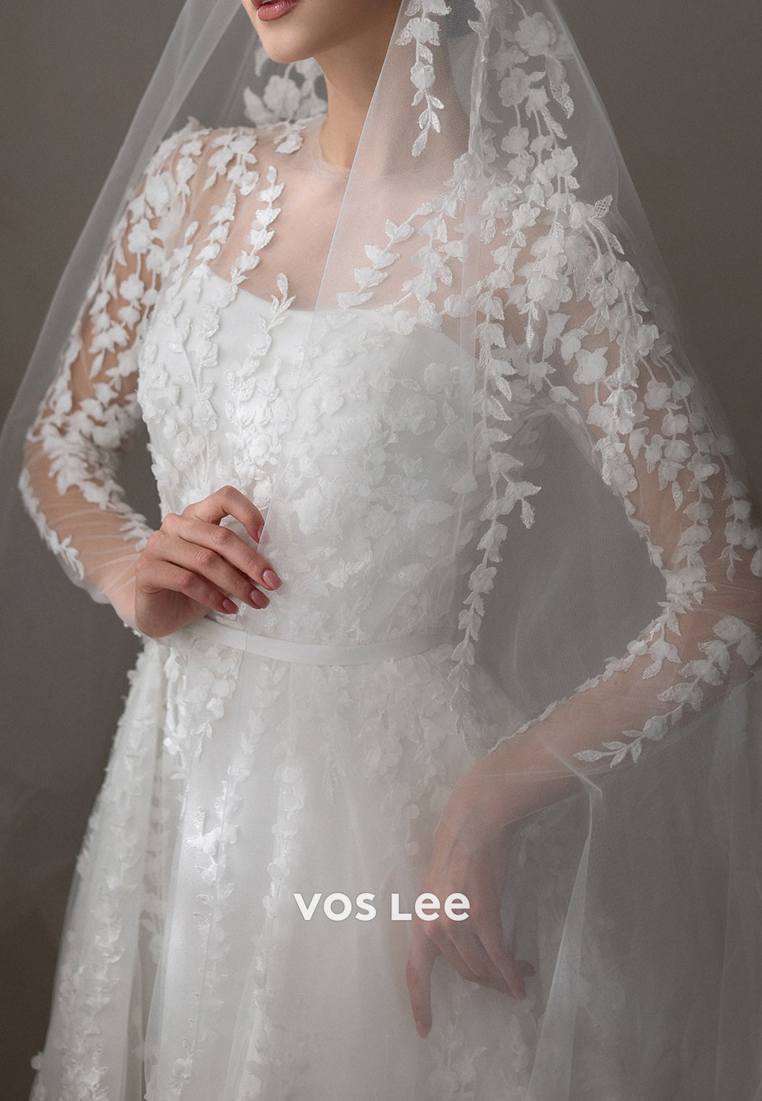 A-Line Long Sleeve Illusion Neck Appliques Lace Wedding Dresses with Chapel Train