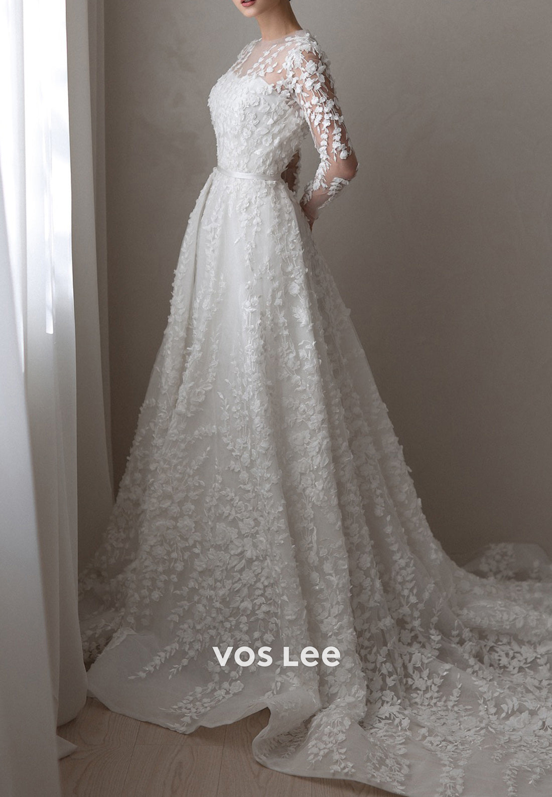 A-Line Long Sleeve Illusion Neck Appliques Lace Wedding Dresses with Chapel Train