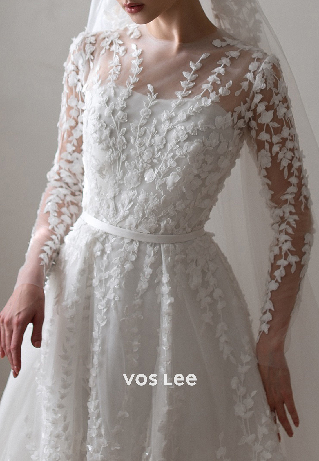 A-Line Long Sleeve Illusion Neck Appliques Lace Wedding Dresses with Chapel Train