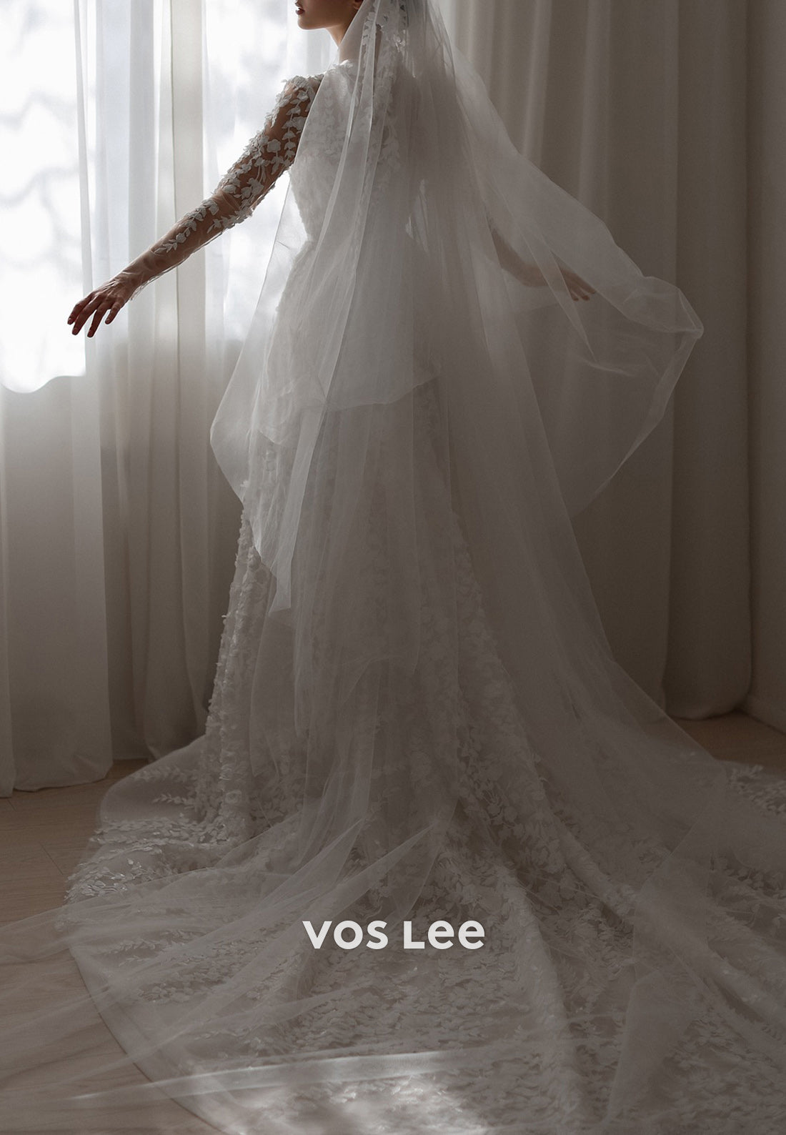 A-Line Long Sleeve Illusion Neck Appliques Lace Wedding Dresses with Chapel Train
