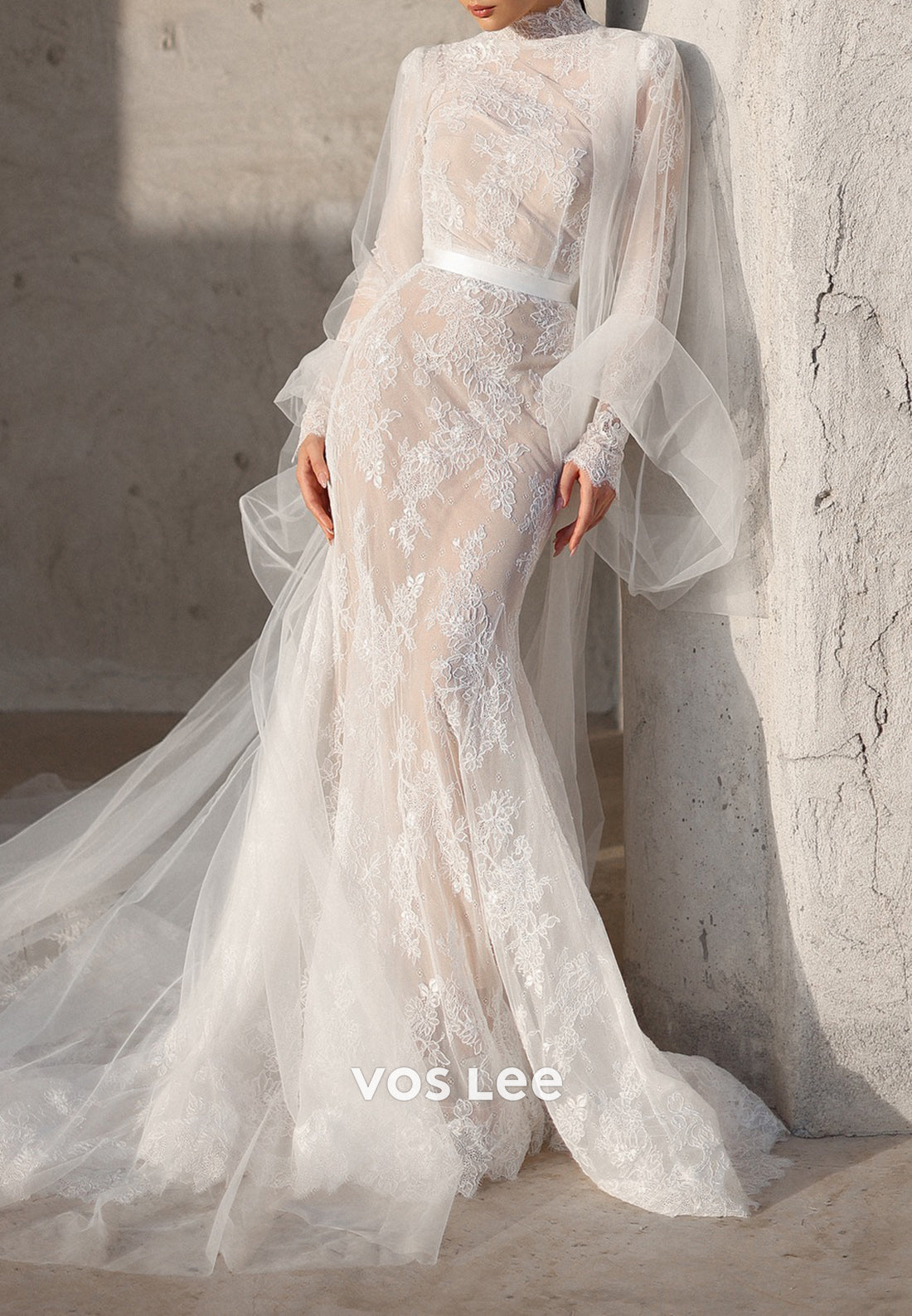 High Neck Long Sleeve Appliques Mermaid Wedding Dresses with Court Train