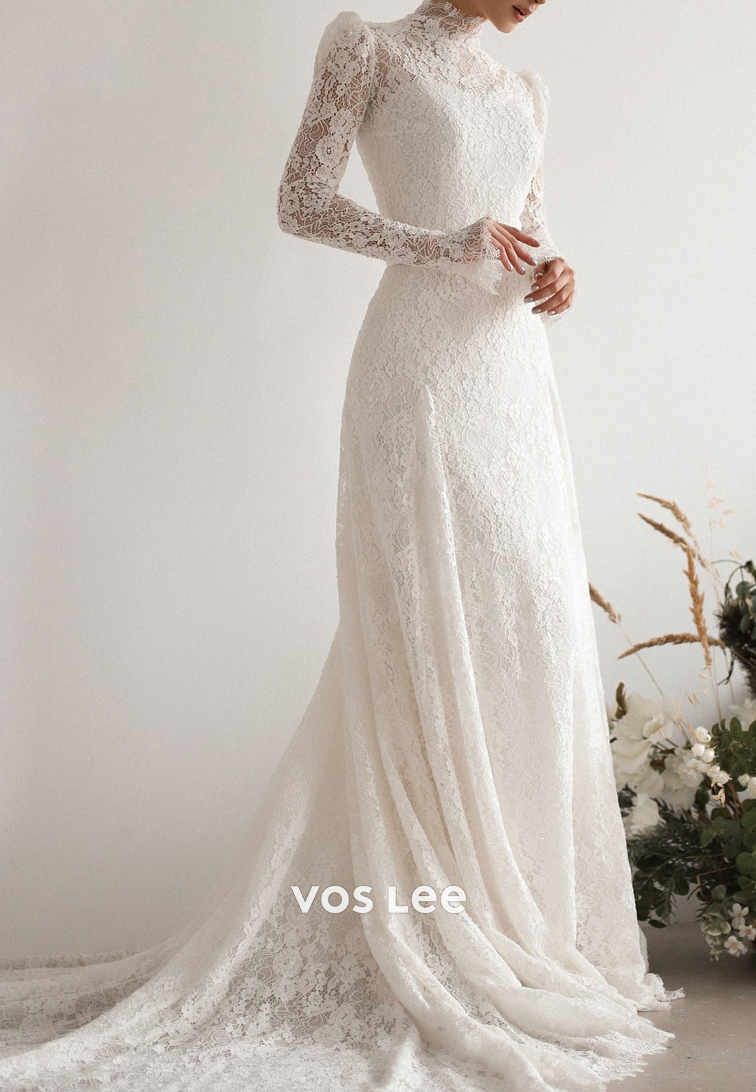 Lace Appliques Long Sleeve Illusion Neck Sheath Wedding Dresses with Court Train
