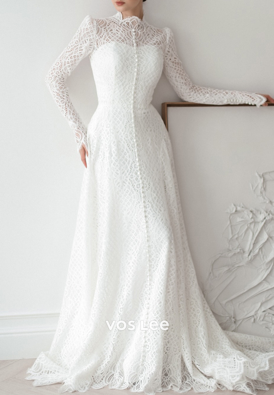 Long Sleeve Lace Illusion Neck Sheath Wedding Dresses with Court Train