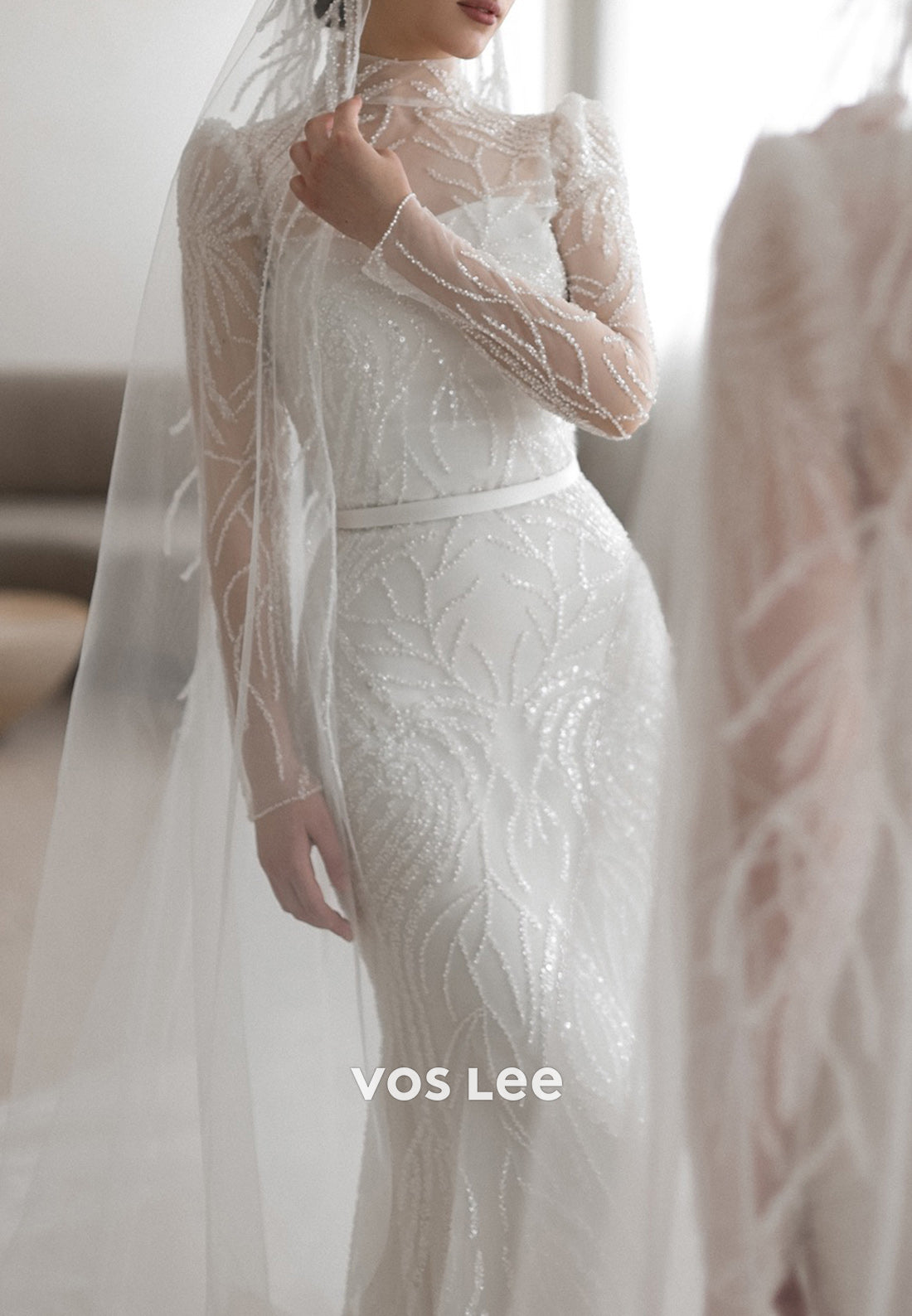 Long Sleeve Illusion Neck Beaded Mermaid Wedding Dresses with Detachable Train