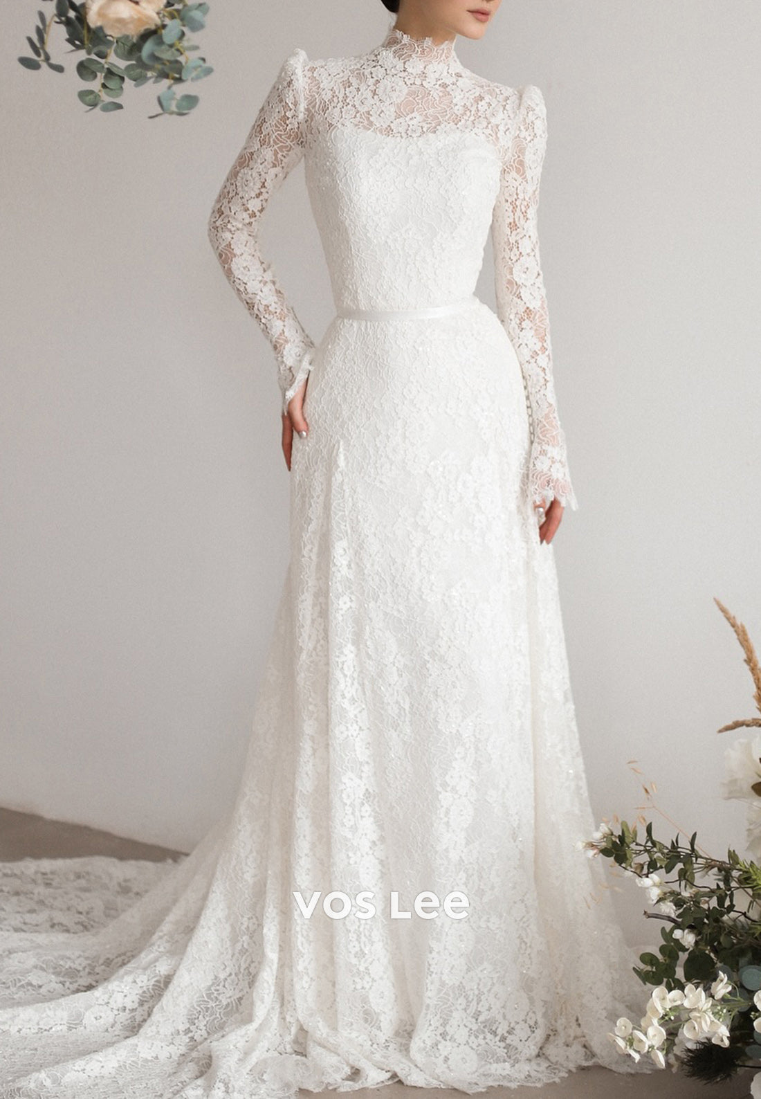 Lace Appliques Long Sleeve Illusion Neck Sheath Wedding Dresses with Court Train