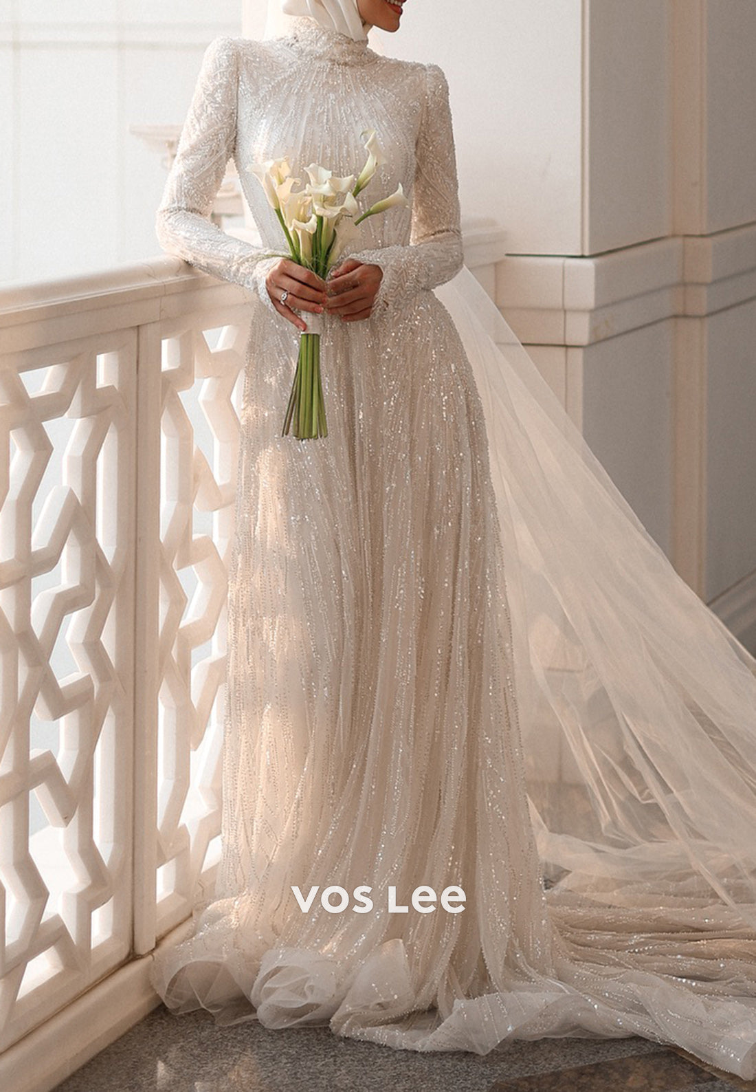 Long Sleeve Illusion Neck Beaded Embellished Sheath Wedding Dresses