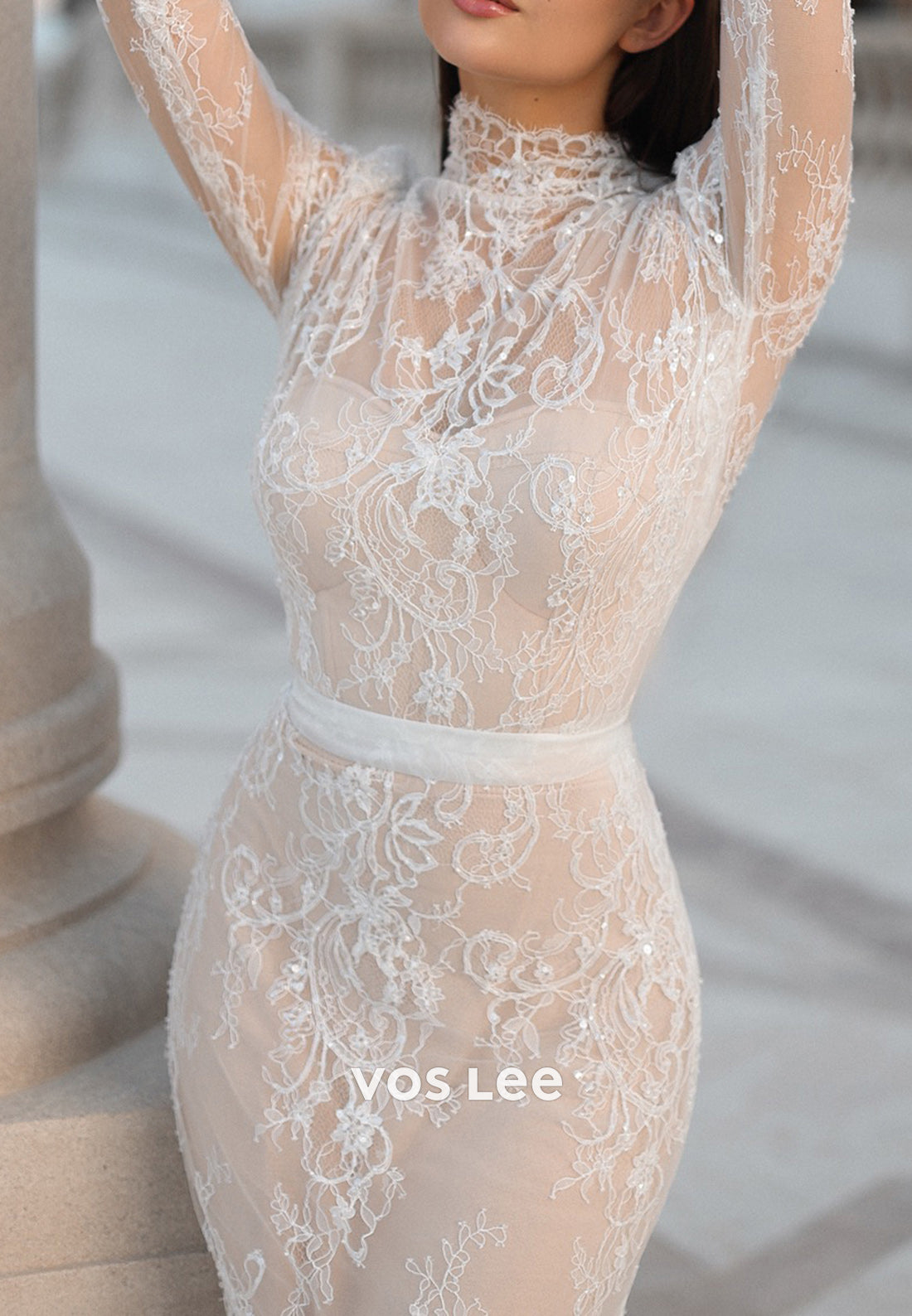 High Neck Appliques Lace Mermaid Wedding Dresses with Detachable Court Train