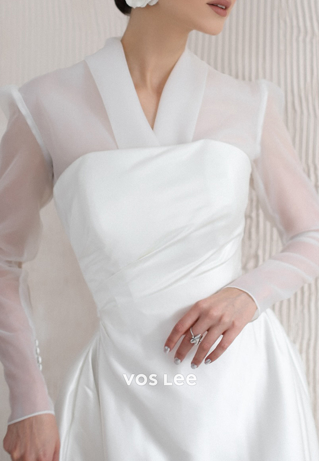 Long Sleeve V Neck Satin Pleated Wedding Dresses with Court Train