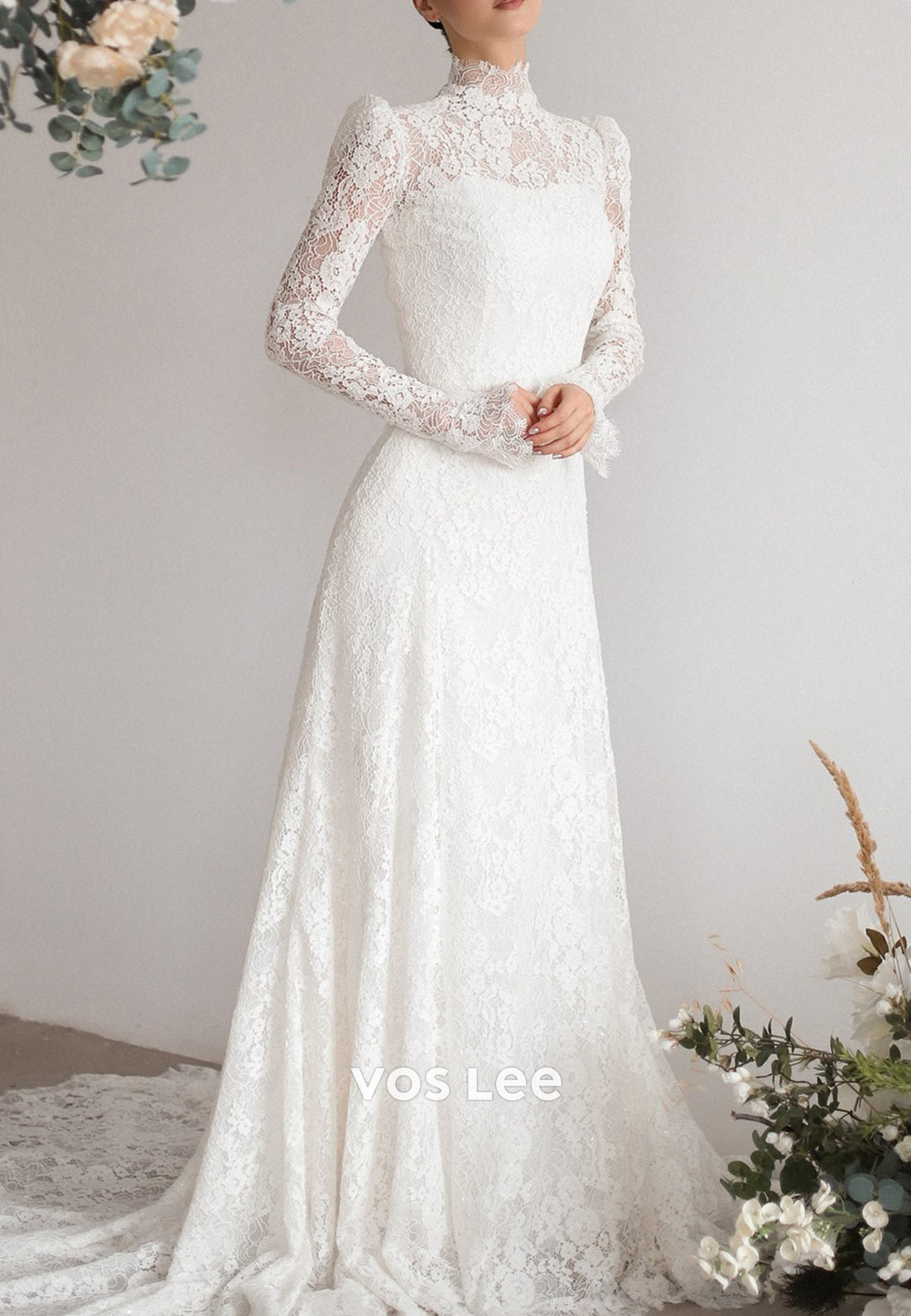Lace Appliques Long Sleeve Illusion Neck Sheath Wedding Dresses with Court Train