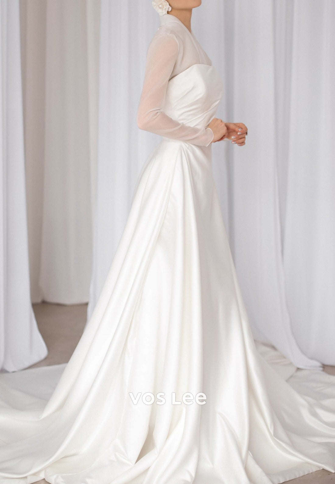 Long Sleeve V Neck Satin Pleated Wedding Dresses with Court Train