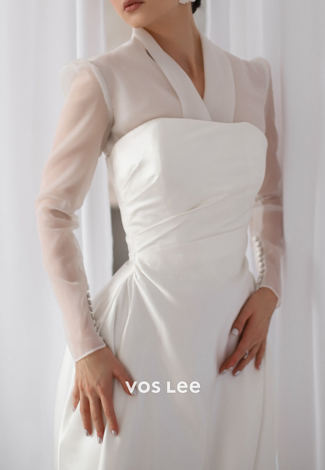 Long Sleeve V Neck Satin Pleated Wedding Dresses with Court Train