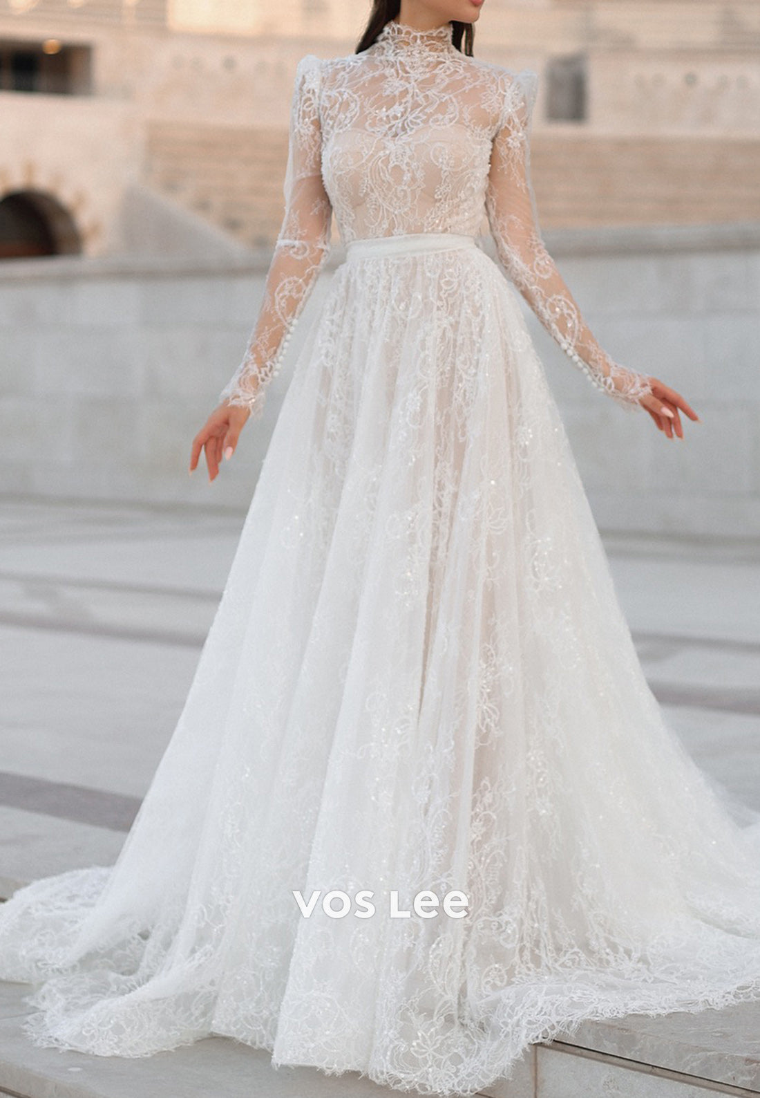 High Neck Appliques Lace Mermaid Wedding Dresses with Detachable Court Train