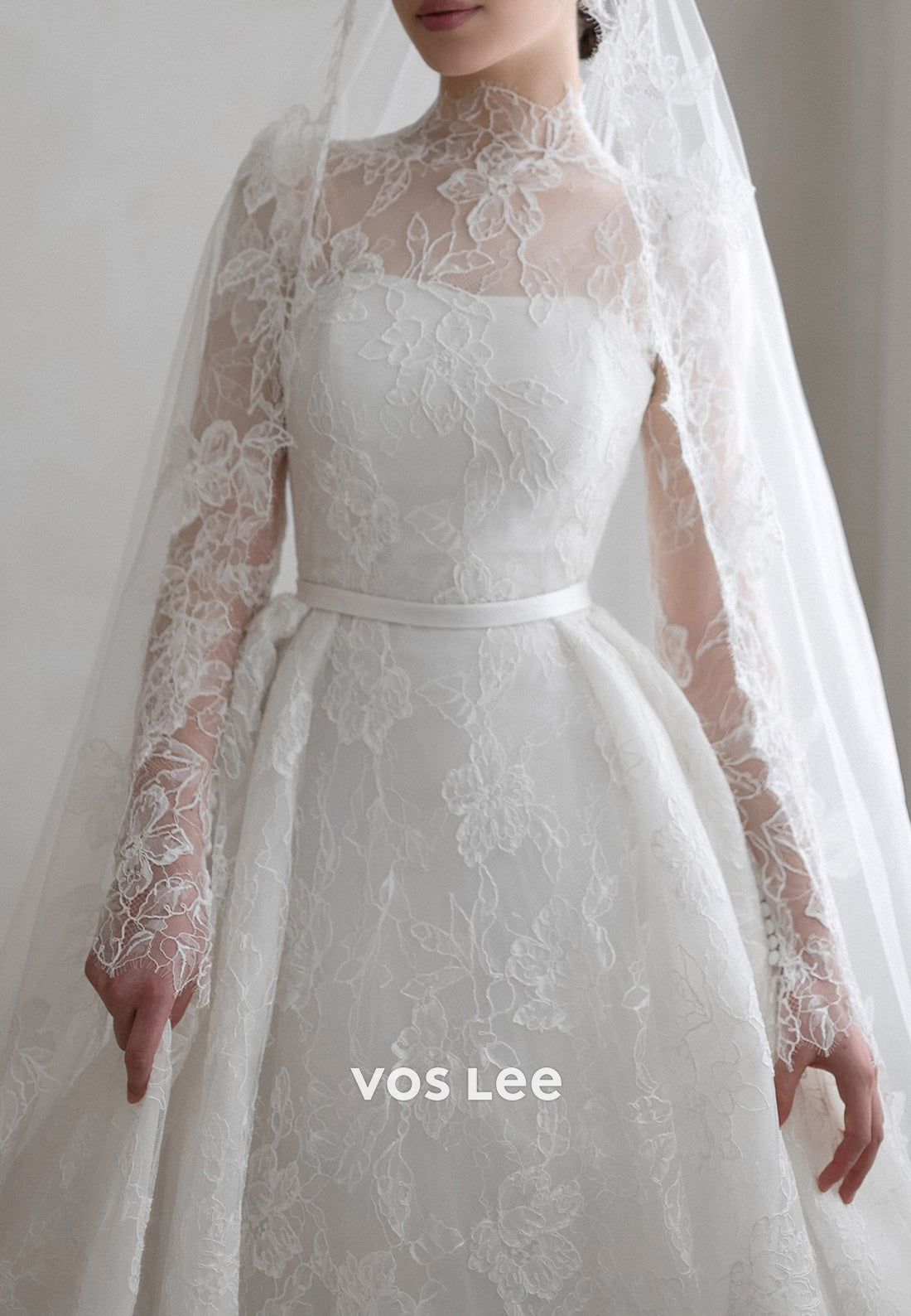 Illusion Neck Appliques Lace Ball Gown Wedding Dresses with Chapel Train