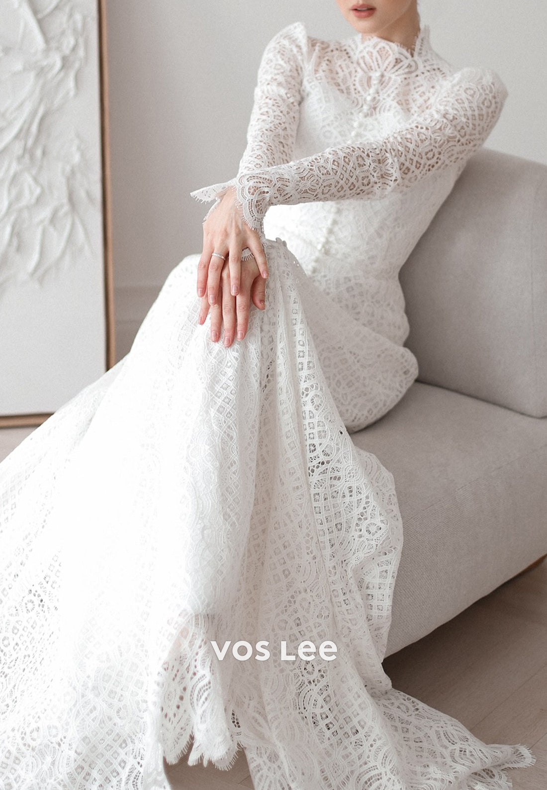 Long Sleeve Lace Illusion Neck Sheath Wedding Dresses with Court Train