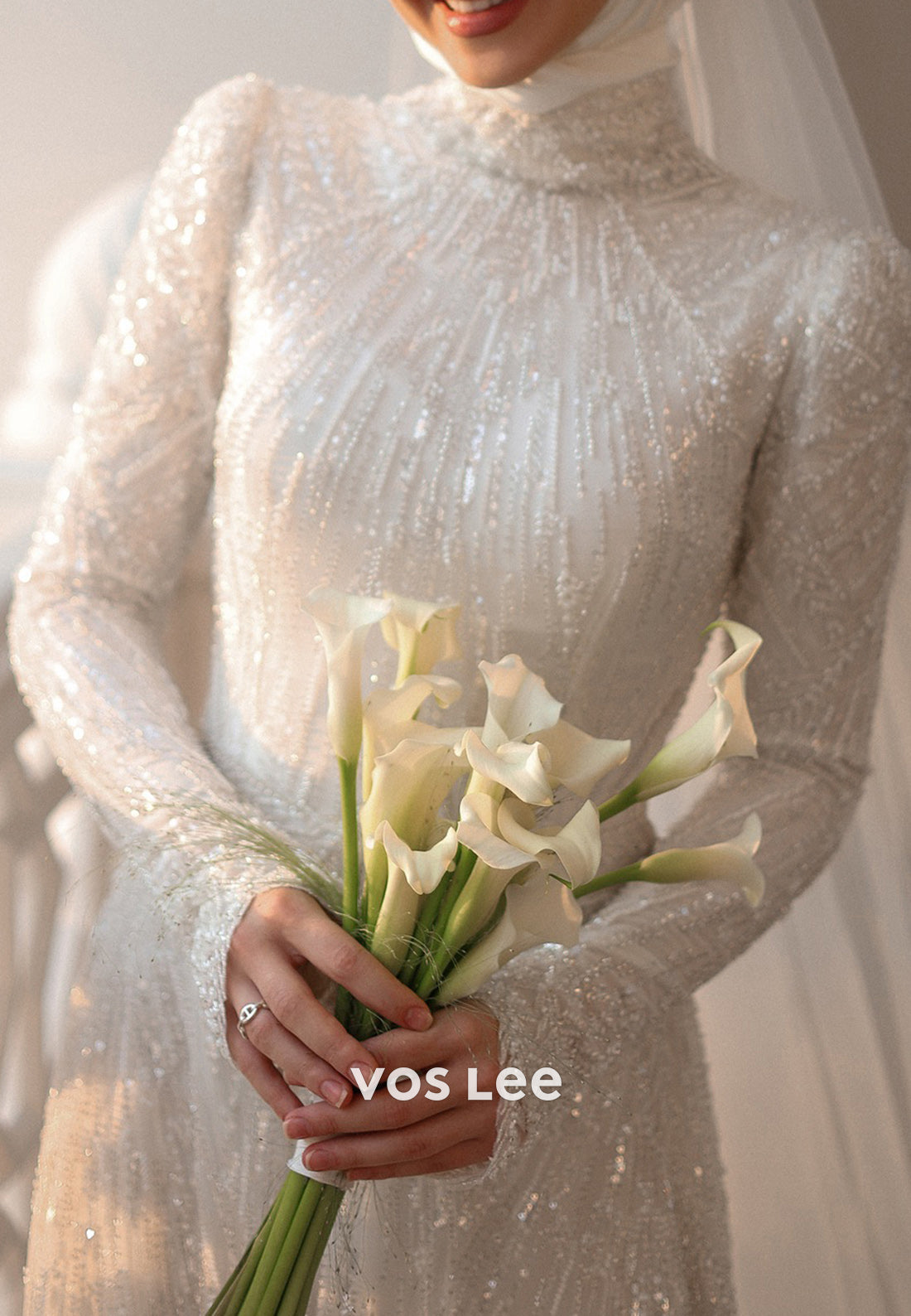 Long Sleeve Illusion Neck Beaded Embellished Sheath Wedding Dresses