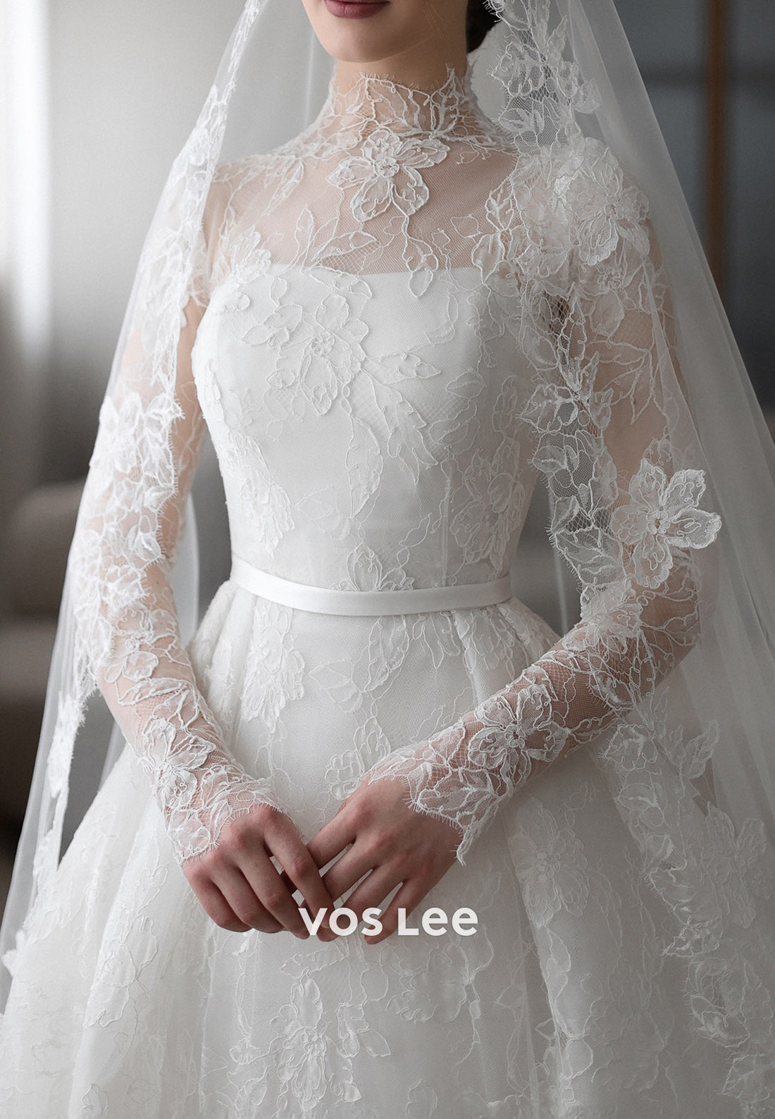 Illusion Neck Appliques Lace Ball Gown Wedding Dresses with Chapel Train