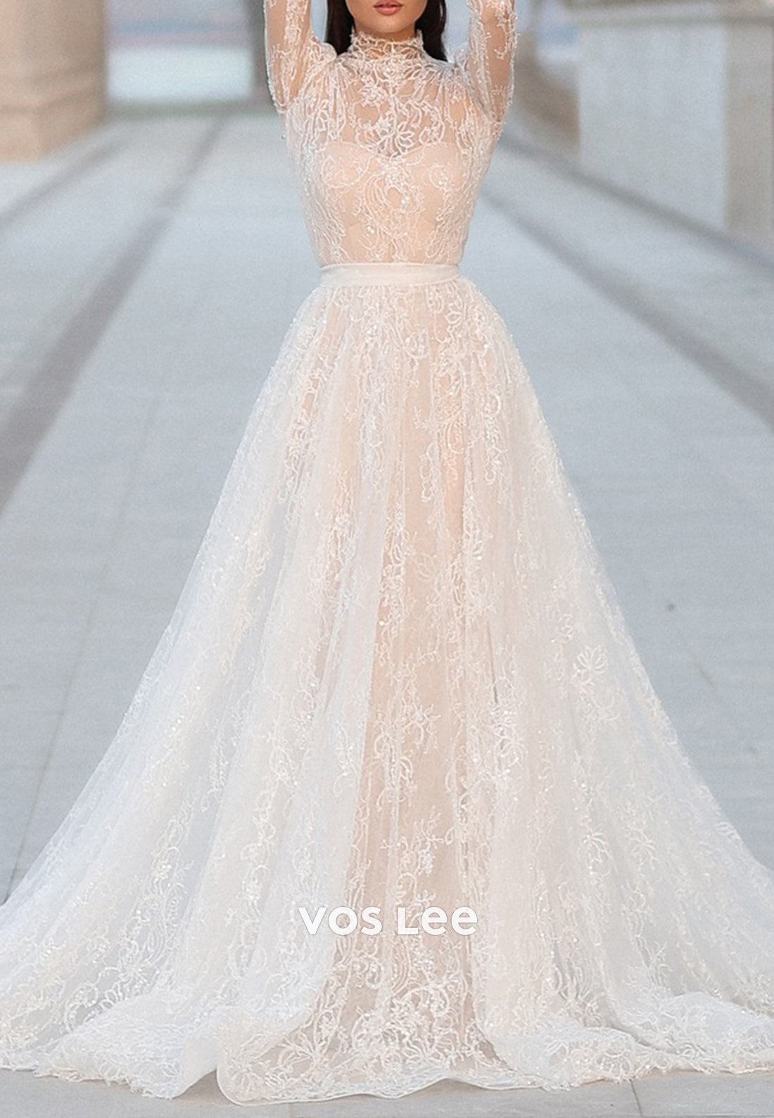 High Neck Appliques Lace Mermaid Wedding Dresses with Detachable Court Train