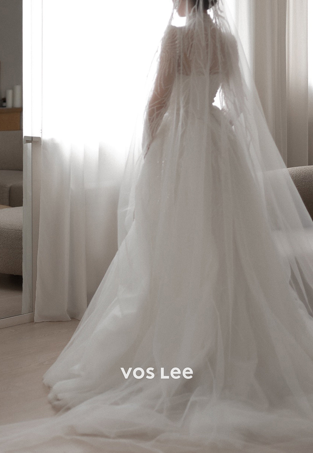 Long Sleeve Illusion Neck Beaded Mermaid Wedding Dresses with Detachable Train