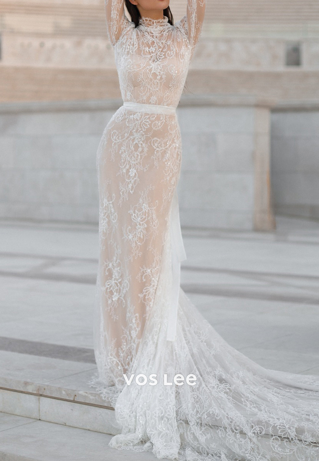 High Neck Appliques Lace Mermaid Wedding Dresses with Detachable Court Train