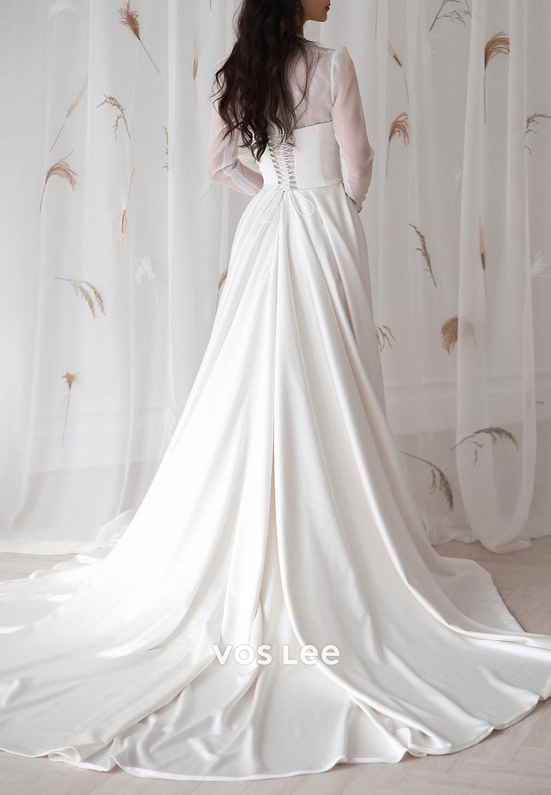 Long Sleeve V Neck Pleated Mermaid Wedding Dresses with Court Train