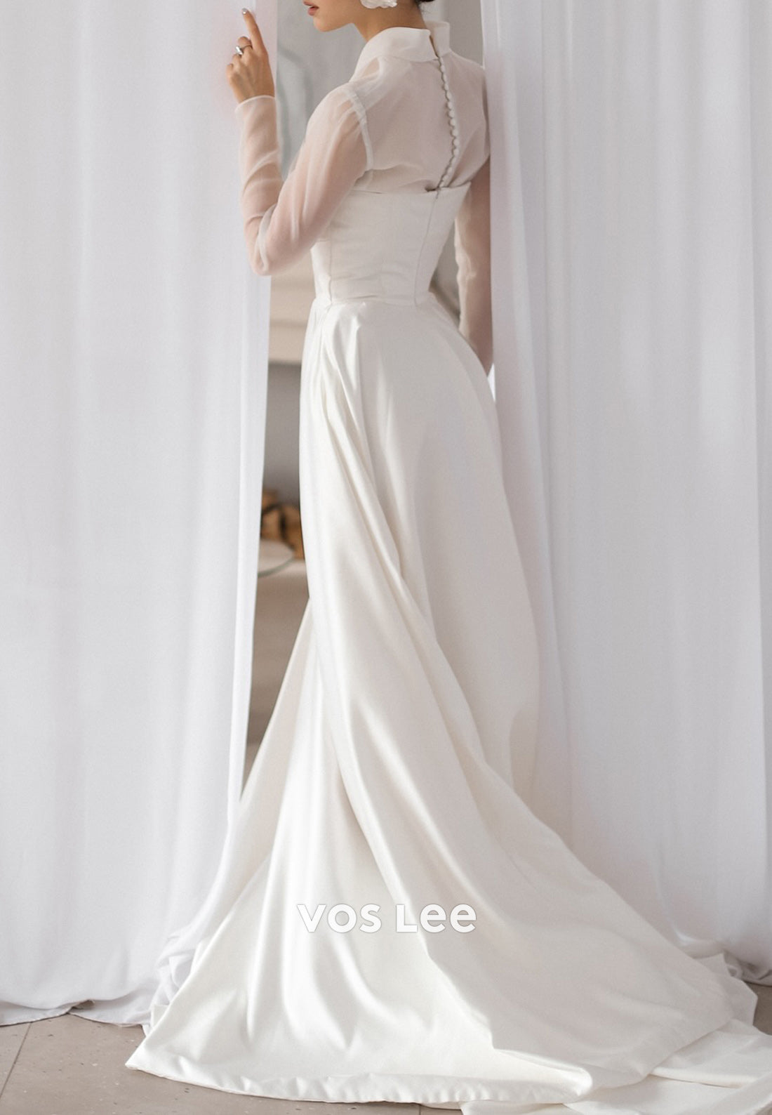 Long Sleeve V Neck Satin Pleated Wedding Dresses with Court Train