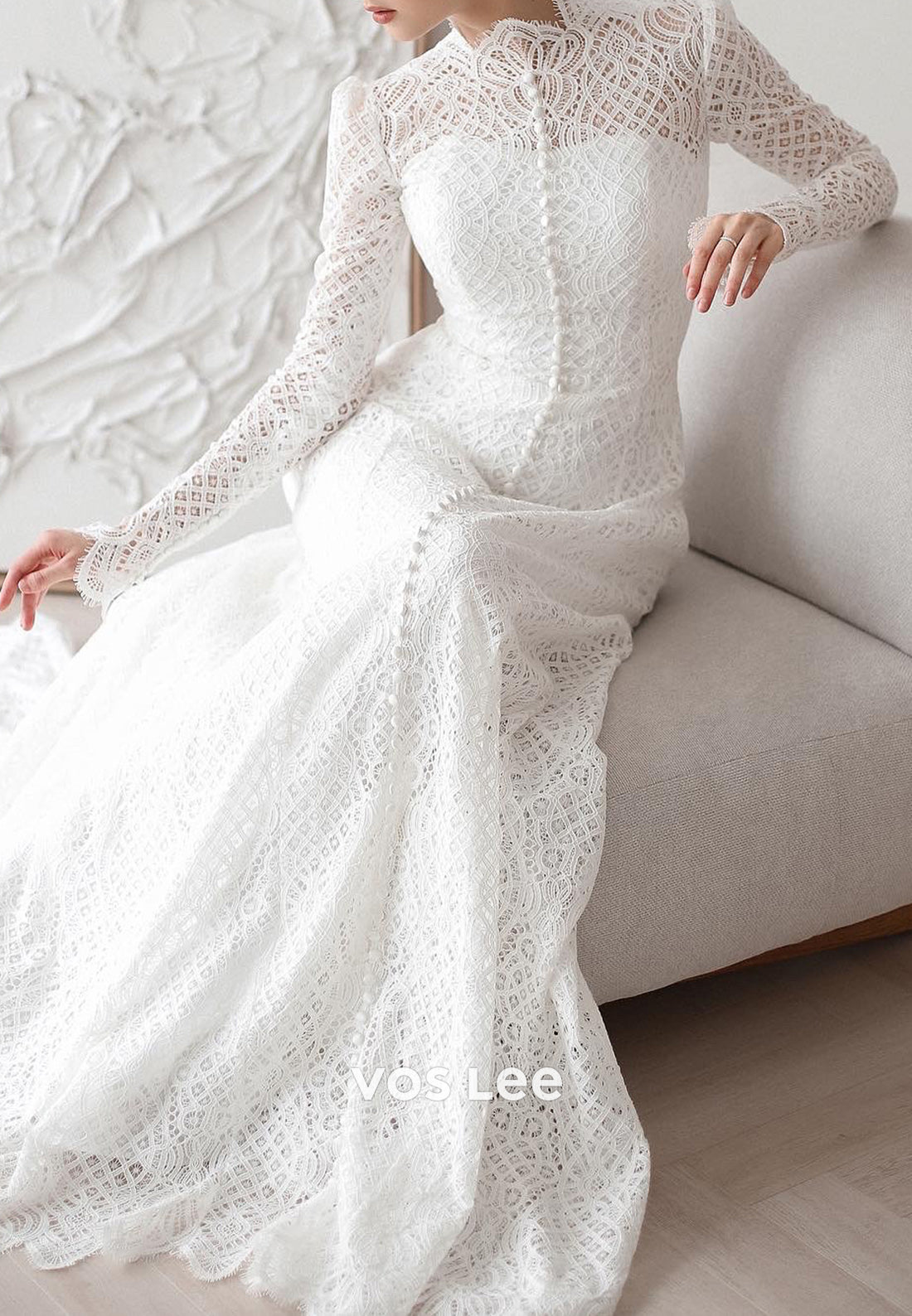 Long Sleeve Lace Illusion Neck Sheath Wedding Dresses with Court Train