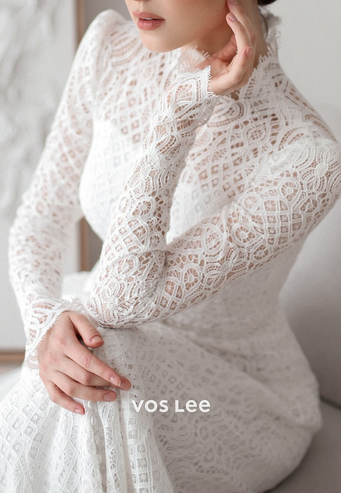 Long Sleeve Lace Illusion Neck Sheath Wedding Dresses with Court Train