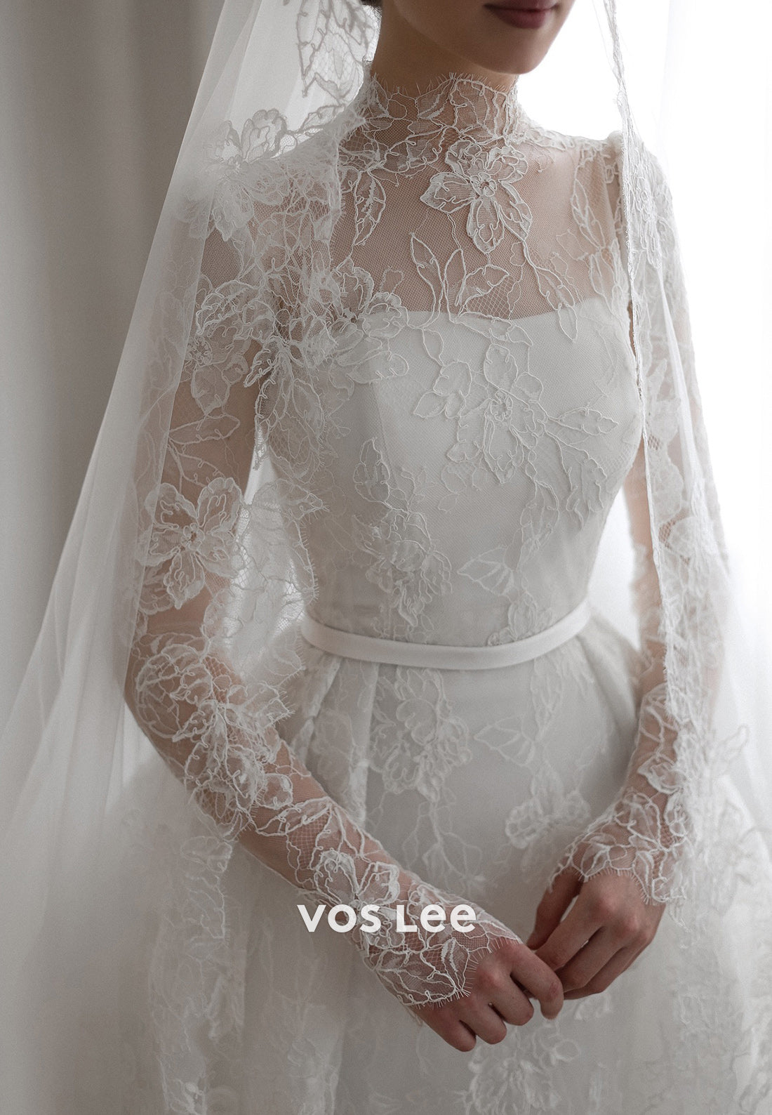 Illusion Neck Appliques Lace Ball Gown Wedding Dresses with Chapel Train