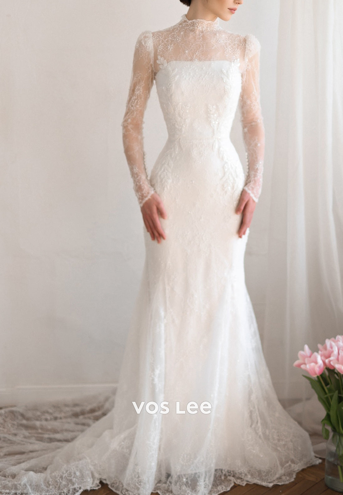 Fully Beaded Appliques Long Sleeve Illusion Neck Sheath Wedding Dresses