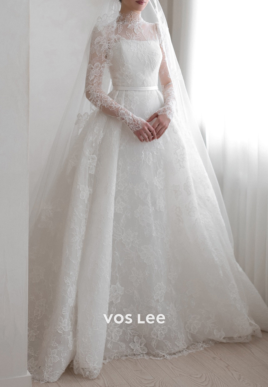 Illusion Neck Appliques Lace Ball Gown Wedding Dresses with Chapel Train