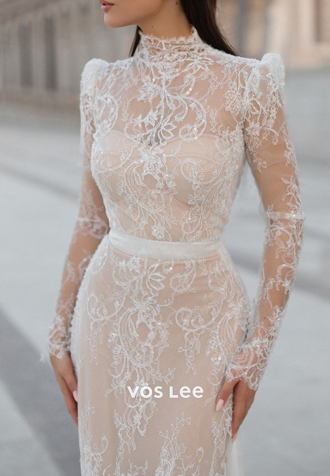 High Neck Appliques Lace Mermaid Wedding Dresses with Detachable Court Train