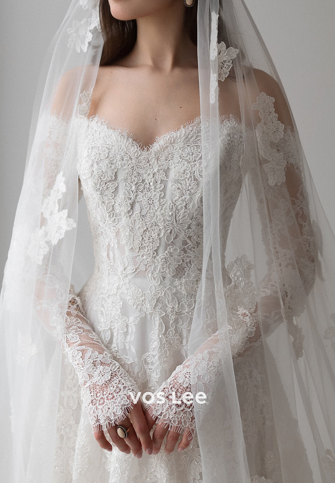 Long Sleeve Off the Shoulder Lace Floral Embellished Wedding Dresses